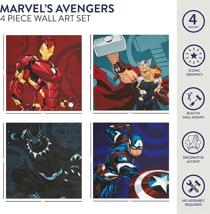 Marvel Avengers Canvas Wall Art – 4-Pack Kids Room Décor, Each Piece 11"x11", Colorful Superhero Wall Hanging for Bedroom, Playroom, or Nursery