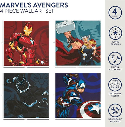 Marvel Avengers Canvas Wall Art – 4-Pack Kids Room Décor, Each Piece 11"x11", Colorful Superhero Wall Hanging for Bedroom, Playroom, or Nursery