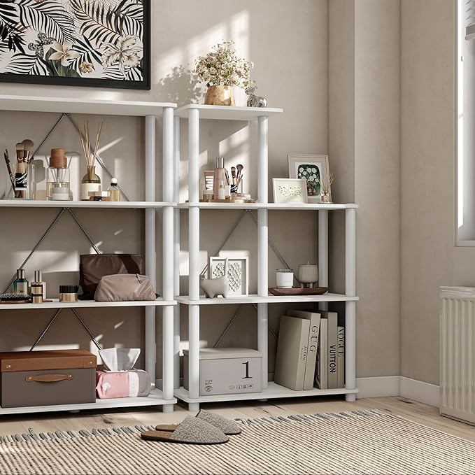 Homes: Inside + Out Apexa Modern 5-Cube Ladder Shelving Units, Collectibles Display Shelves, Easy Assembly Standing Shelf, Home Storage Organizer for Living Room, Bedroom, Office, White