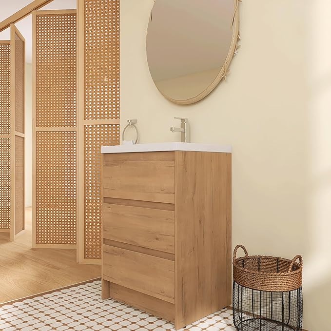 24" Bathroom Vanity with Sink, 24 Inch Freestanding Vanity with 3 Drawers, Single Resin Sink Floor Stand Cabinet Set Imitative Oak (Space-Saving for Small Bathrooms)