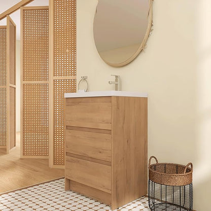 24" Bathroom Vanity with Sink, 24 Inch Freestanding Vanity with 3 Drawers, Single Resin Sink Floor Stand Cabinet Set Imitative Oak (Space-Saving for Small Bathrooms)