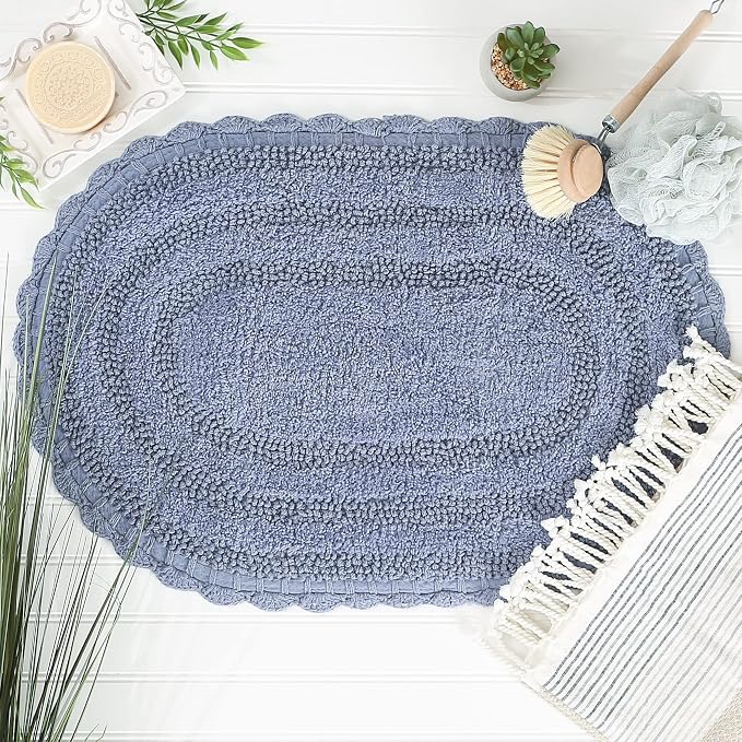 DII Crochet Collection Reversible Bath Mat, Small Oval, 17x24, Stonewash Blue