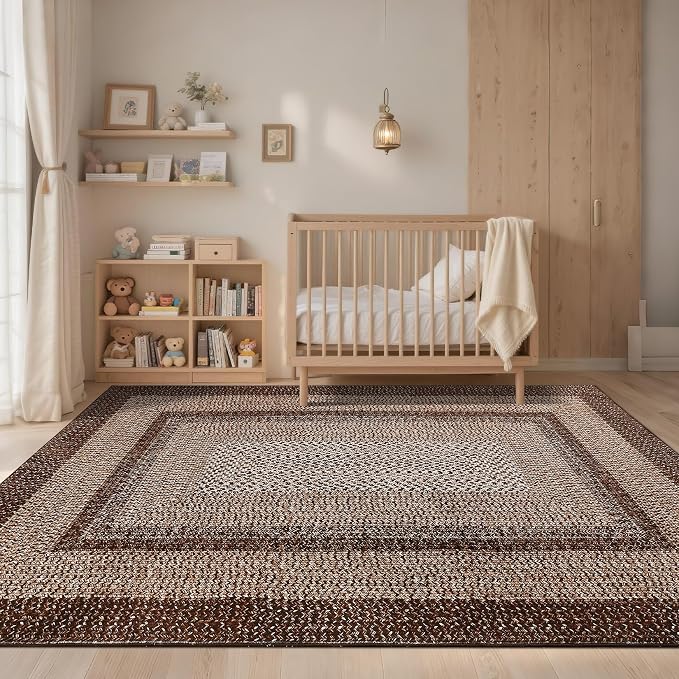 Washable Area Rug 6x9 Rug for Living Room Modern Rugs for Bedroom Decor Brown Rug Imitation Braided Non Slip Throw Rugs Stain Resistant Carpet for Nursery Dining Room 6'x9' Dark Brown