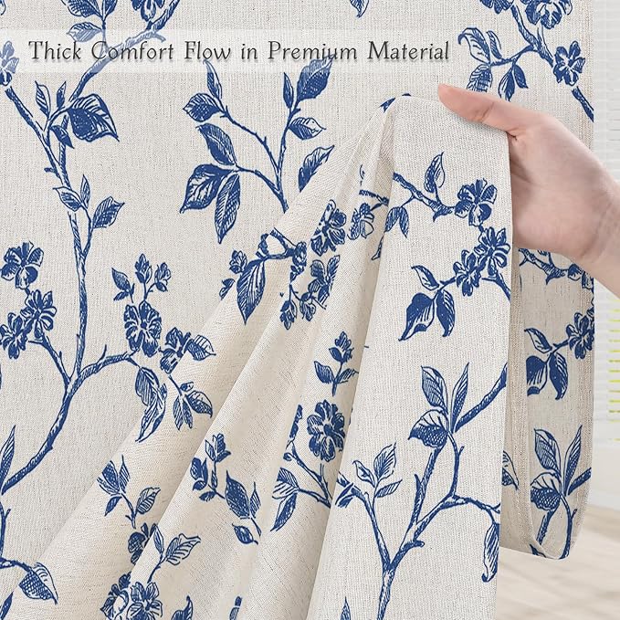 MitoVilla Navy Blue Linen Floral Shower Curtain for Bathroom, 72 x 72 | Navy Blue BoHo Cottagecore Spring Shower Curtains, Modern Farmhouse Country Plant Leaves Bathroom Décor, 72 x 72