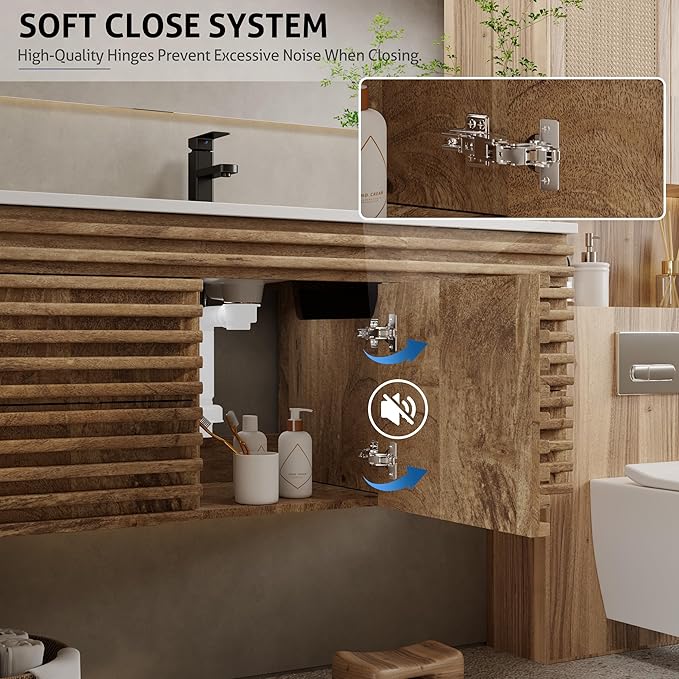 eclife 48" Floating Bathroom Vanity with Sink Combo Mid-Century Wall Mounted Cabinet with Wood Stripes Decor, Drawers, Undermount Single Sink, Faucet, Drain, Light Walnut