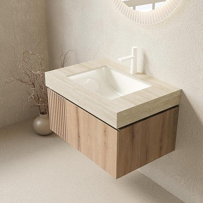 30” Floating Bathroom Vanity with Sink, Wall-Mounted Cabinet with Drawer & Doors, Roma Travertine-Pattern Countertop, Undermount Basin, Single Faucet Hole, Soft-Close, Pre-Assembled, Light Oak