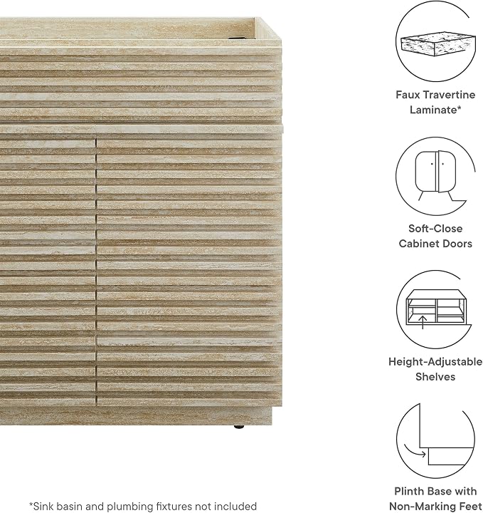 Modway Render Faux Travertine Slatted Bathroom Cabinet in Travertine