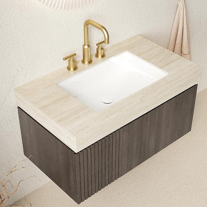 Ambrovina 36" Floating Bathroom Vanity with Sink, Modern Plywood Storage Vanities with Drawer and Door, Roma Travertine-Pattern Countertop with 3 Pre-drilled Faucet Holes Ceramic Basin, Espresso