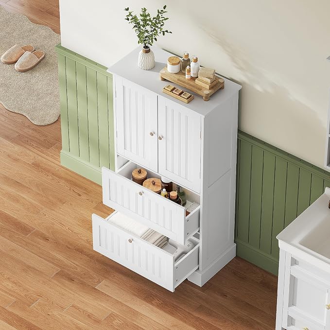 Treocho Bathroom Floor Cabinet with 2 Drawers and Adjustable Shelf | Bathroom Storage Cabinet, Freestanding Cupboard Pantry for Kitchen, Living Room, Dining Room, White