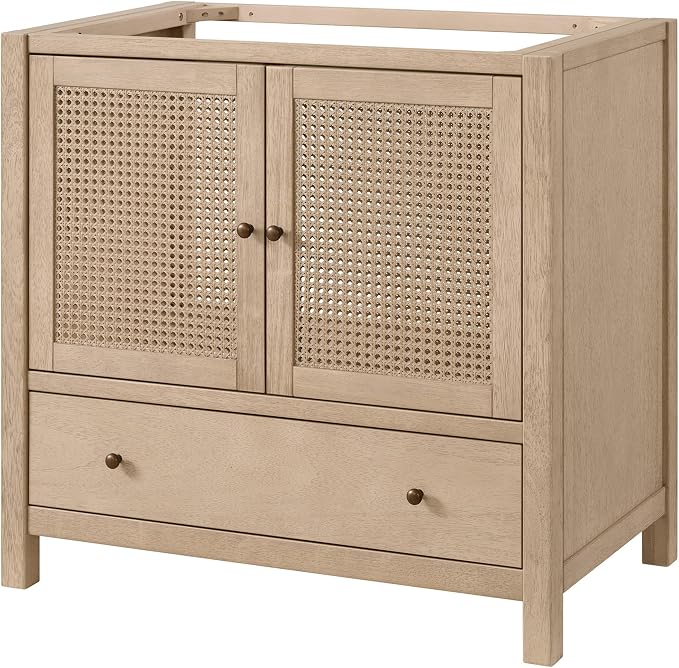 Alaterre Furniture Lucca Bathroom Vanity Cabinet, Natural, 36 Inch | Freestanding Cabinet Without Sink, Wood Bathroom Vanity with Large Bottom Drawer and Soft-Close Doors