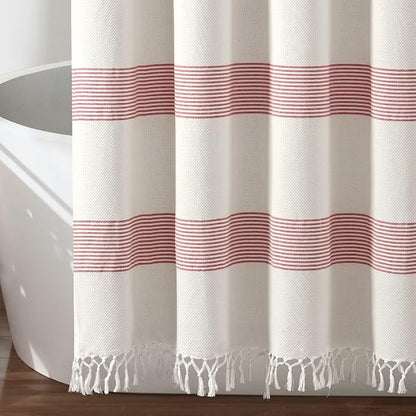 Lush Decor Tucker Stripe Yarn Dyed Cotton Knotted Tassel Shower Curtain, 72" x 72", White & Red