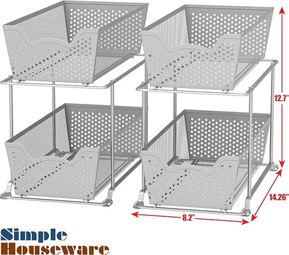 Simple Houseware Cabinet 2 Tier Perforated Basket Drawer, Silver - 2 Pack