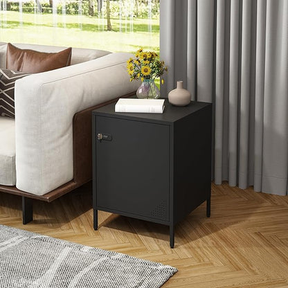 Metal Nightstand with Lockable Cabinet and Adjustable Shelf, Bedside Table with Digital Combination Lock, Secure Storage End Table for Bedroom Office Dorm (Black)