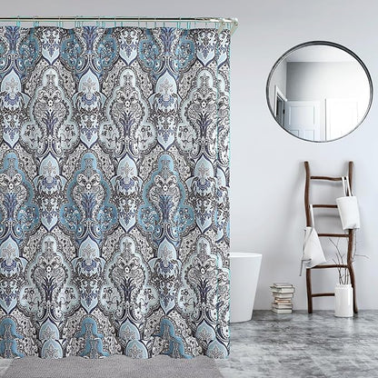 Decorative Blue & Silver Grey Gray Boho Fabric Shower Curtain, Modern Farmhouse for Vintage Rustic Bathroom Decor, Floral Victorian, 72 x 72