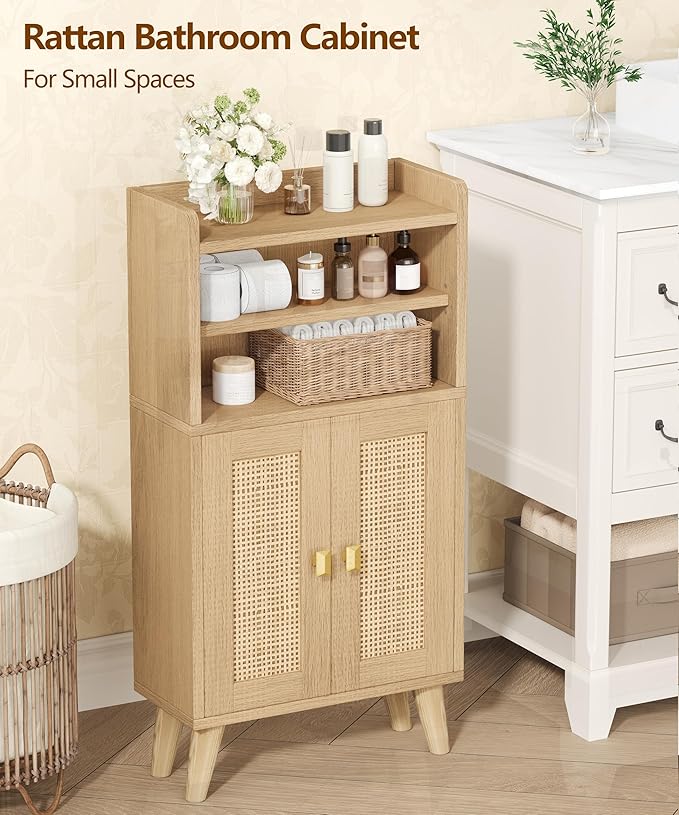 Rattan Small Bathroom Storage Cabinet, Narrow Floor Toilet Paper Storage with 2 Doors and Adjustable Shelf, Bathroom Organizers and Storage for Small Spaces, 7.9''D x 15.0''W x 31.5''H, Natural Oak