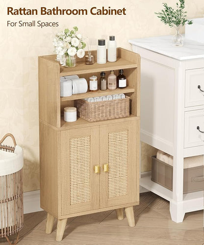 Rattan Small Bathroom Storage Cabinet, Narrow Floor Toilet Paper Storage with 2 Doors and Adjustable Shelf, Bathroom Organizers and Storage for Small Spaces, 7.9''D x 15.0''W x 31.5''H, Natural Oak