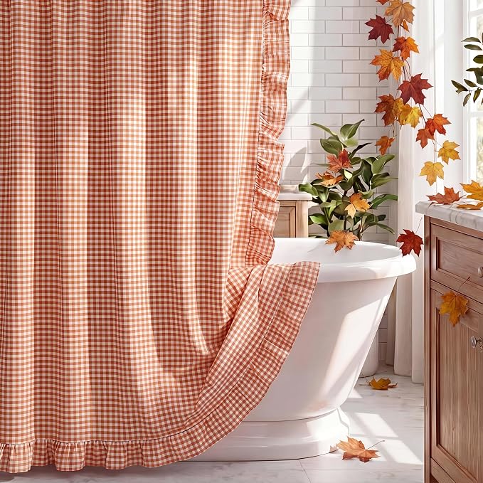 HunnmingRe Ruffled Gingham Shower Curtain Orange | 72'' x 72'' Vintage Farmhouse Curtain, Cotton Cottage Core Rural Checkered Plaid Decor, Fall Shower Curtain for Bathroom