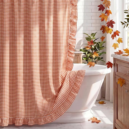 HunnmingRe Ruffled Gingham Shower Curtain Orange | 72'' x 72'' Vintage Farmhouse Curtain, Cotton Cottage Core Rural Checkered Plaid Decor, Fall Shower Curtain for Bathroom