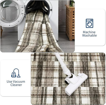 Runner Rugs for Hallway 2x6 Bathroom Rug Washable Area Rug Modern Plaid Low Pile Entryway Rug Small Non Slip Kitchen Rugs Stain Resistant Carpet for Laundry Bedroom Entrance, Beige 2'x6'