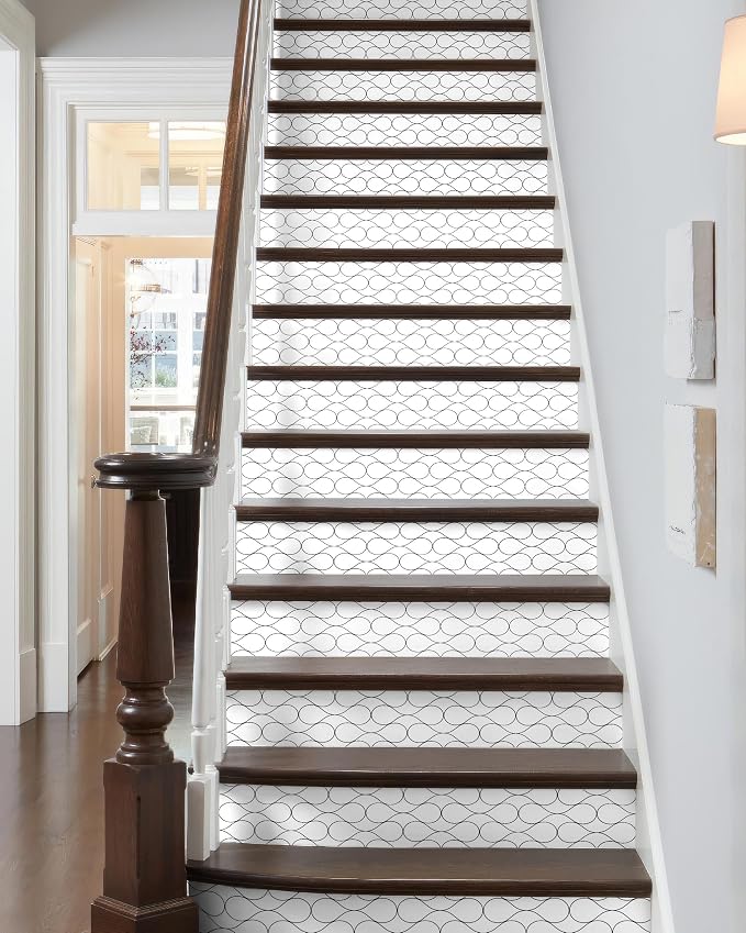 FLFK Modern Grid Stair Stickers - Set of 15, Peel and Stick Stair Riser Decals, 39.3"x7.08"