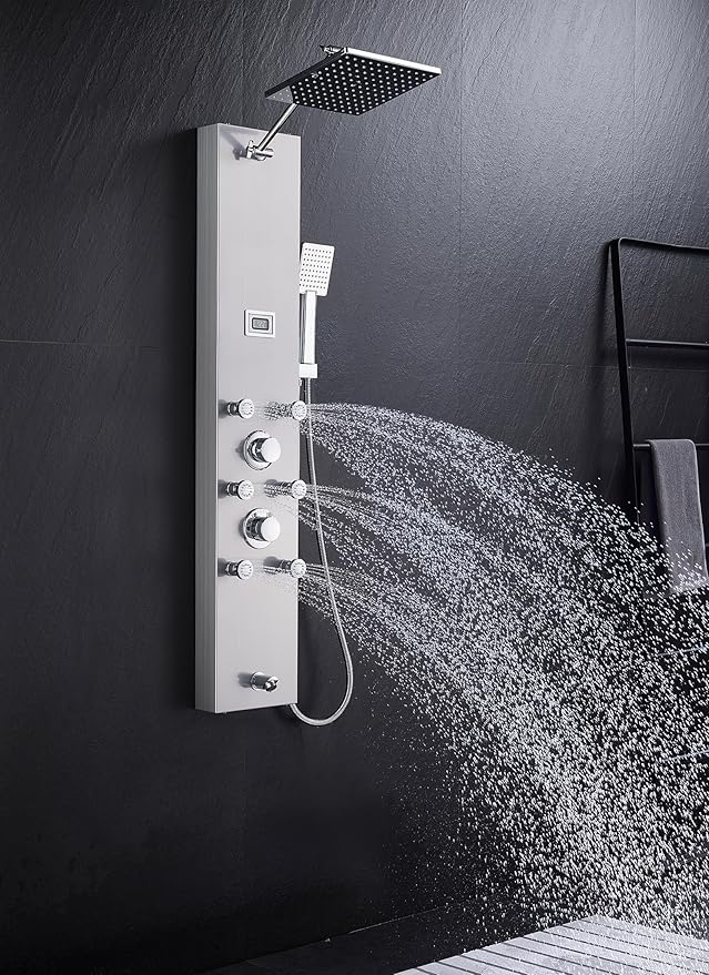 MENATT 304 Stainless Steel Shower Panels System with 6 Body Jets, Shower Tower with Adjustable 9 inch Rainfall Shower Head, Handheld Shower Wand, Brushed Nickel