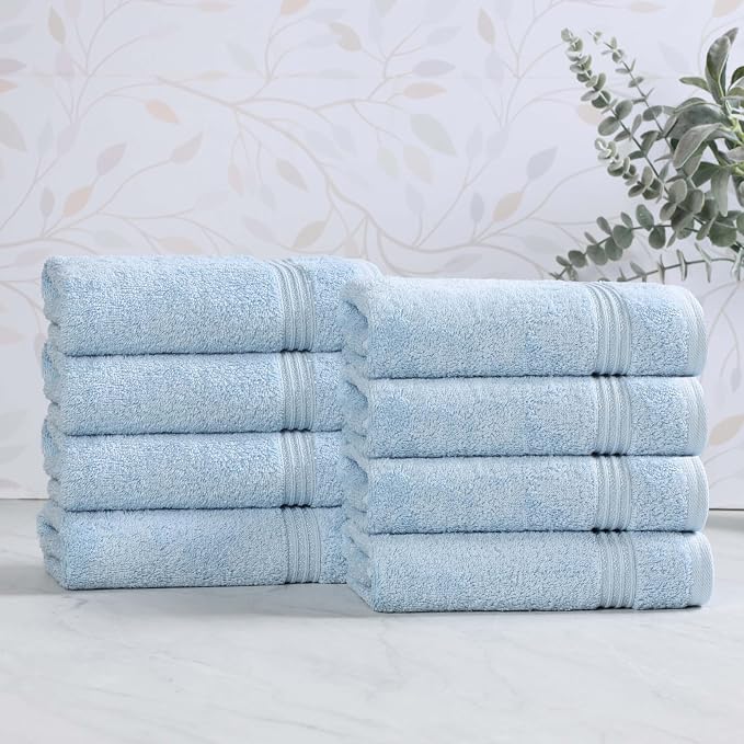 Superior Egyptian Cotton 8-Piece Hand Towel Set, Towel Basics For Quick Dry, Absorbent Small Towels, Facial, Spa, Kitchen, Bathroom Essentials, Apartment, Guest Bath, Soft, Washcloth, Light Blue