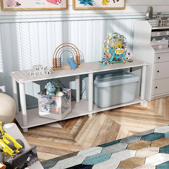 Homes: Inside + Out Apexa Modern 2-Tier Extra Wide Shelving Units, Collectibles Display Shelves, Easy Assembly Low Shelf, Home Storage Organizer for Living Room, Bedroom, Office, Taupe Grey