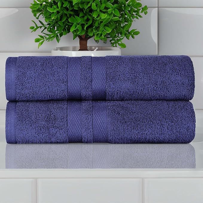 Superior Ultra-Soft Cotton Bath Towel Set, Quick-Dry, Absorbent, Shower, Spa Basics, Large Towels, Bathroom Sets, Bath Essentials, Solid, Double Line Dobby Border, 2 Pack, Set of 2, Navy Blue