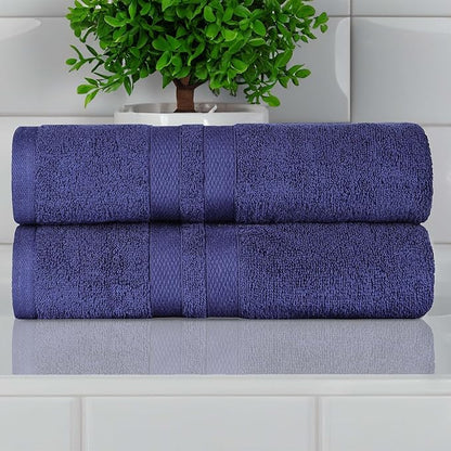 Superior Ultra-Soft Cotton Bath Towel Set, Quick-Dry, Absorbent, Shower, Spa Basics, Large Towels, Bathroom Sets, Bath Essentials, Solid, Double Line Dobby Border, 2 Pack, Set of 2, Navy Blue
