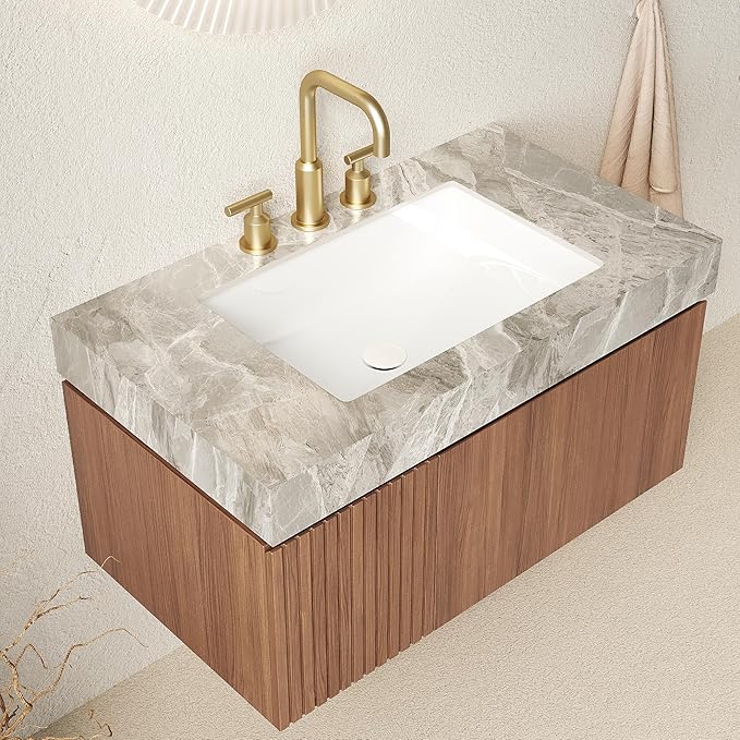 36" Floating Bathroom Vanity with Sink, Modern Plywood Storage Cabinet with Drawer and Door, Light Gray Sintered Stone Countertop and 3 Pre-drilled Faucet Holes Ceramic Basin, Pre-Assembled, Dark Oak