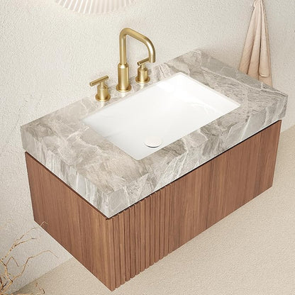 36" Floating Bathroom Vanity with Sink, Modern Plywood Storage Cabinet with Drawer and Door, Light Gray Sintered Stone Countertop and 3 Pre-drilled Faucet Holes Ceramic Basin, Pre-Assembled, Dark Oak