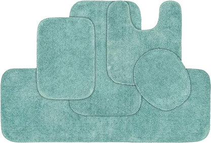 Garland Rug Traditional Nylon Washable Sea Foam 5 Piece Set - Lid, Contour, 3 Bath Rugs - Soft, Absorbent, and Stylish for Your Bathroom