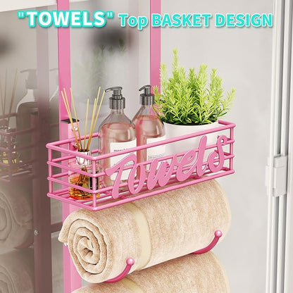 HapiRm Towel Racks for Bathroom Storage - 6 Tier Over The Door & Wall Mount Rolled Towel Storage Organizer Holder with Metal Shelf Basket for Small Bathroom, Camper, Rv - Pink, Patented
