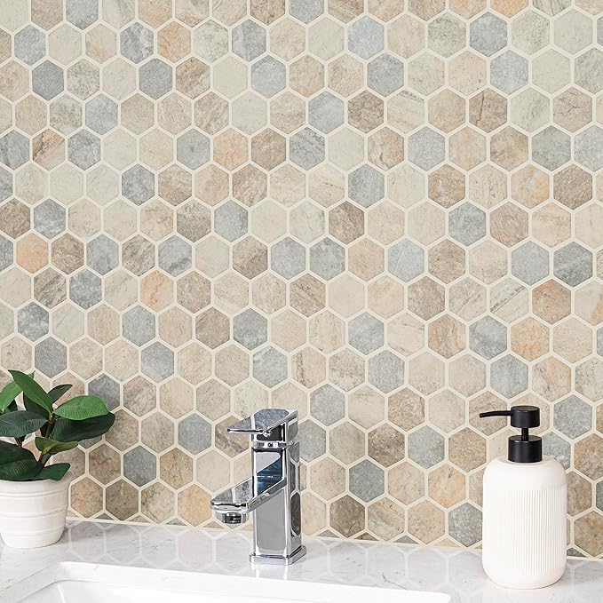 MSI Stonella Hexagon 11.25 in. x 12.75 in. x 6 mm Textured Glass Mesh-Mounted Mosaic Tile for Bathroom, Kitchen Backsplash, Accent Wall Tile, and Shower Wall Tile