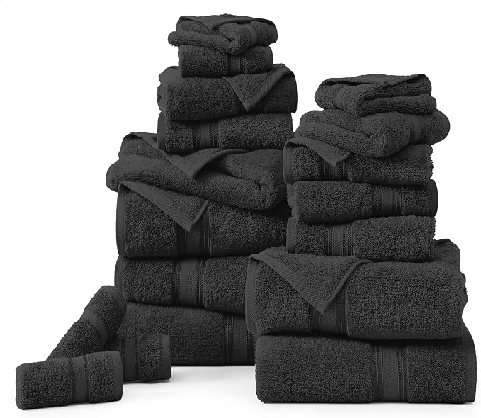 LANE LINEN Large Bath Towel Set Absorbent Quick Dry 100% Cotton - Black | Cotton Towels - Fade-Resistant Color, Classic Terry Weave, Densely Woven, Coordinated Colors, Everyday Durability