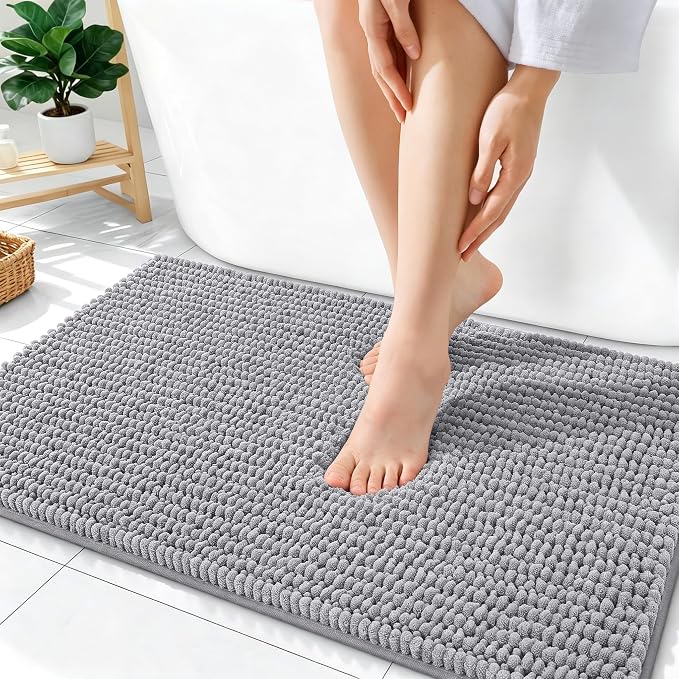 OLANLY Thick Chenille Bathroom Rugs 36x24, Soft Absorbent Bath Mat, Grey | Bath Rugs, Rubber Backing, Machine Wash Dry, Bath Mats for Bathroom Floor, Tub and Shower, Home Decor Accessories