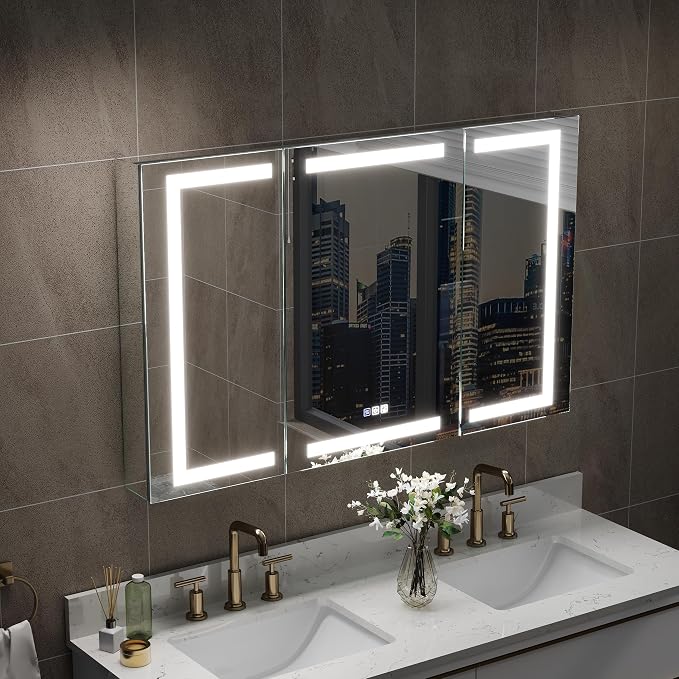 WELLFOR 48" X 30" Bathroom LED Medicine Cabinet with Mirror, Medicine Cabinet with Lights, Bathroom Mirror with Storage, Dimmer, Defogger, Outlets & USB Ports, Lighted Mirror Cabinet