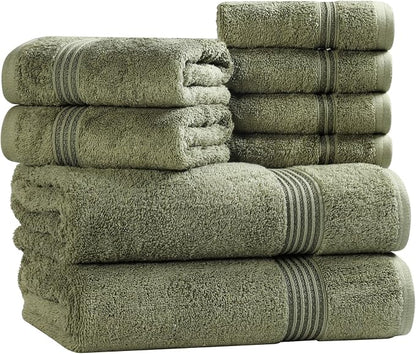 Superior Egyptian Cotton 8-Piece Towel Set, Assorted Towels, Home Bathroom, Master, Guest Bath, Decor Essentials, Includes 2 Bath, 2 Hand, 4 Face Towels/Washcloths, Quick Dry, Absorbent, Forest Green