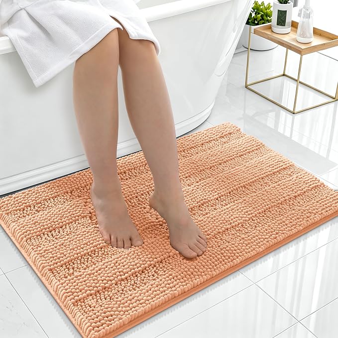 Smiry Thick Chenille Bathroom Rugs 36x24, Soft Absorbent Bath Mat, Peach | Quick‑Dry & Machine Washable, Non‑Slip Bath Carpet, Striped Bath Rugs for Tub & Shower, Modern Home Decor Accessories
