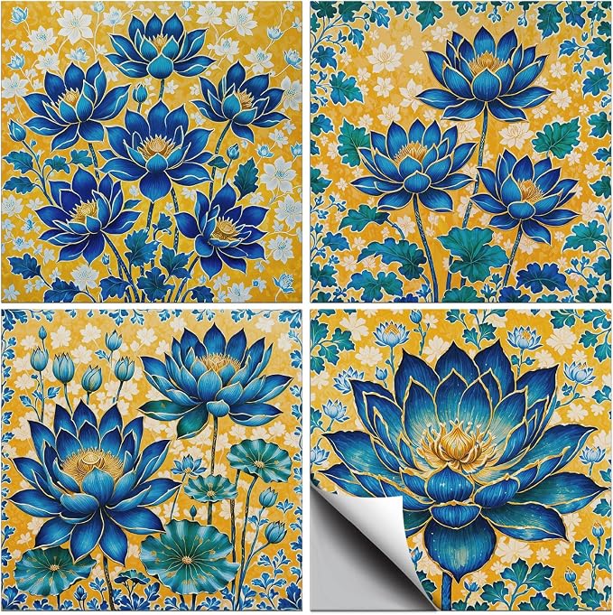 36 Pcs 4 Style Blue Flowers Tile Stickers Golden Flowers Peel and Stick Wall Tile Stickers Waterproof Self Adhesive Lotus Stick on Tiles Decals for Kitchen Bathroom Wall Art Decor, 4×4 Inch