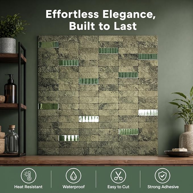 XUANINY Peel and Stick Tile Backsplash Self- Adhesive Wall Tiles Aluminum Mosaic Sticker for Kitchen (11.33"x11.92" Per Sheet, Pack of 5 pcs) (Ink Green 5)