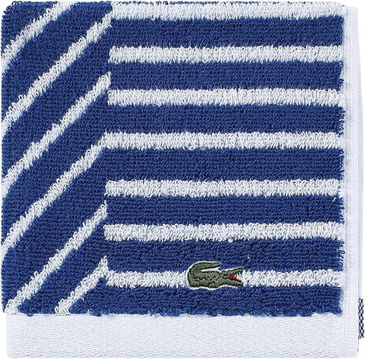 Lacoste Guethary Striped Towel – 100% Cotton, Reversible Modern Geometric Design, Soft & Absorbent, Durable & Lightweight, Machine Washable – Surf Blue, 13"x13" Washcloth