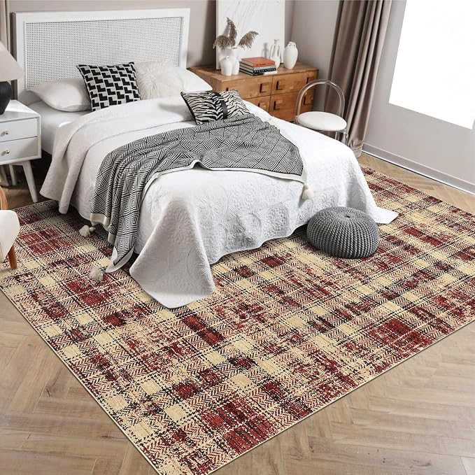 Washable Rugs 8x10 Rug for Living Room Bedroom Rug Modern Plaid Area Rug Soft Carpet 8'x10' Red
