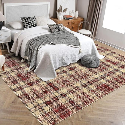 Washable Rugs 8x10 Rug for Living Room Bedroom Rug Modern Plaid Area Rug Soft Carpet 8'x10' Red