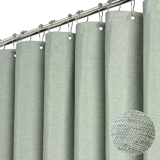 84x72 Wide Linen Textured Waterproof Cloth Shower Curtain, Sage Green | Wide Size, 230GSM Polyester, Heavy Duty Fabric, Weighted Hem, 14 Plastic Hooks, Modern Luxury Hotel Style, Machine Washable