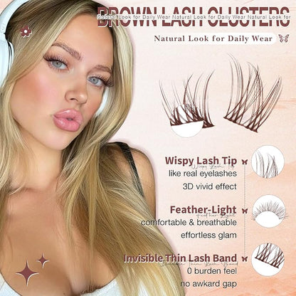Brown Lash Clusters Natural Invisible Band Eyelash Clusters Wispy Brown Lashes Clusters 8-16mm Cluster Eyelash Extensions Natural Look DIY at Home for Everyday Wear by WTVANE