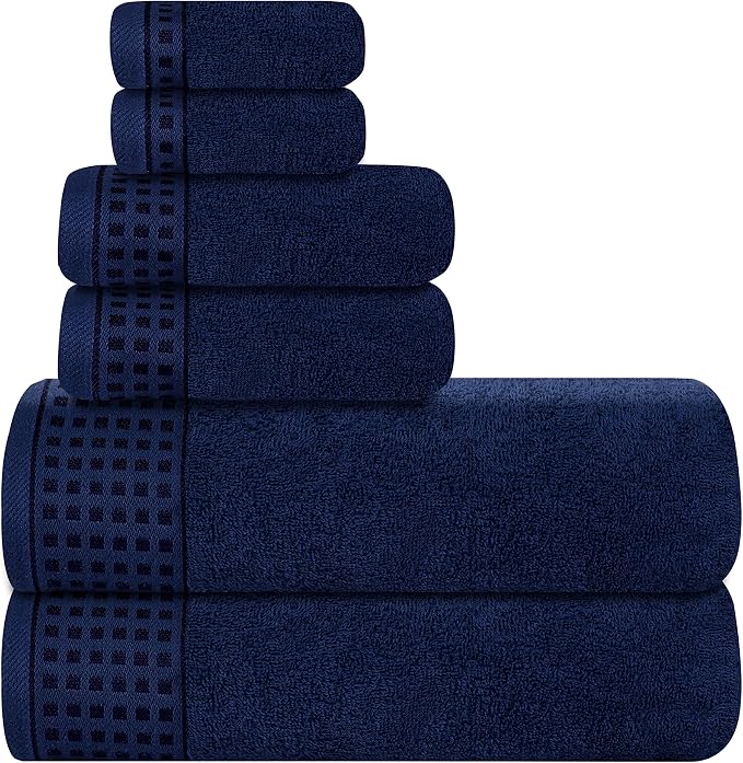 GLAMBURG 100% Cotton Ultra Soft 6 Pack Towel Set, Contains 2 Bath Towels 28x55 Inches, 2 Hand Towels 16x24 Inches & 2 Wash Coths 12x12 Inches, Compact Absorbent Lightweight & Quickdry - Navy Blue