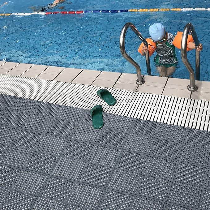 9 Pack Modular Interlocking Outdoor Shower Mat with Drain Holes for Bathroom, Shower, Laundry Room, Basement, Boat, 12" x 12" Dark Gray