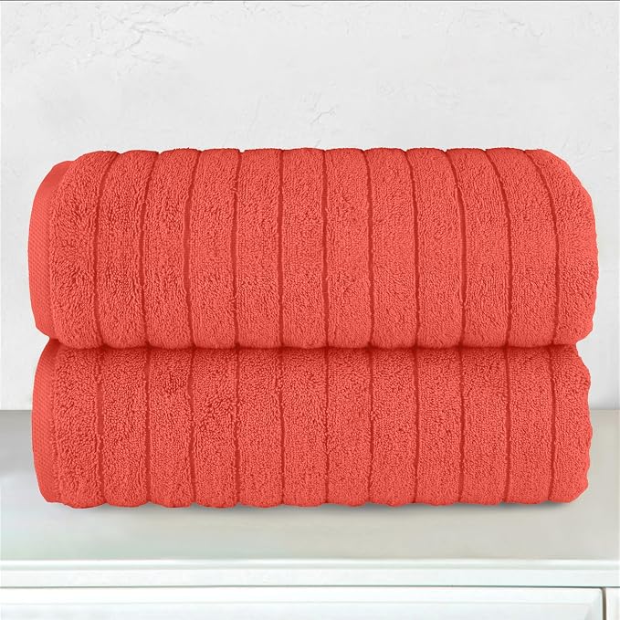 Elegant Comfort 100% Turkish Cotton Corduroy Ribbed Luxury Soft 2 Pack Bath Towels 27 x 54 Inch - Ultra Plush, Absorbent, Quick Dry, Hotel Spa Quality Towels for Bathroom Essentials, Coral