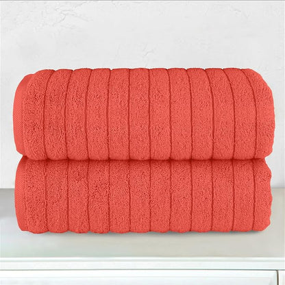 Elegant Comfort 100% Turkish Cotton Corduroy Ribbed Luxury Soft 2 Pack Bath Towels 27 x 54 Inch - Ultra Plush, Absorbent, Quick Dry, Hotel Spa Quality Towels for Bathroom Essentials, Coral